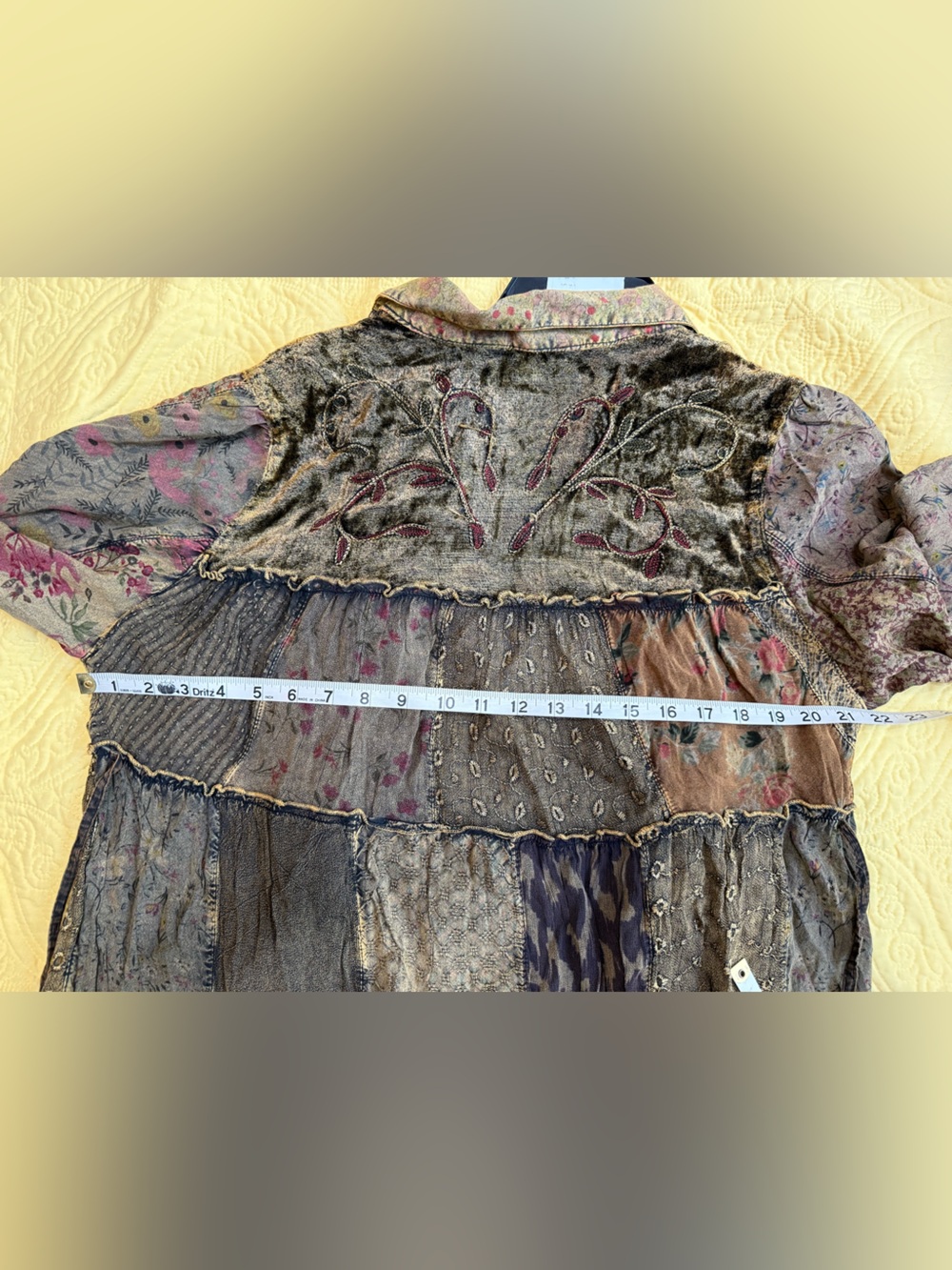 H076 NWT Young Threads L ptp21 21 ptp19 Boho Patchwork Mini Dress in Olive Green - Picture 10 of 14